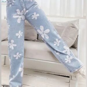 SHEIN Blue and White Floral Straight Leg Jeans